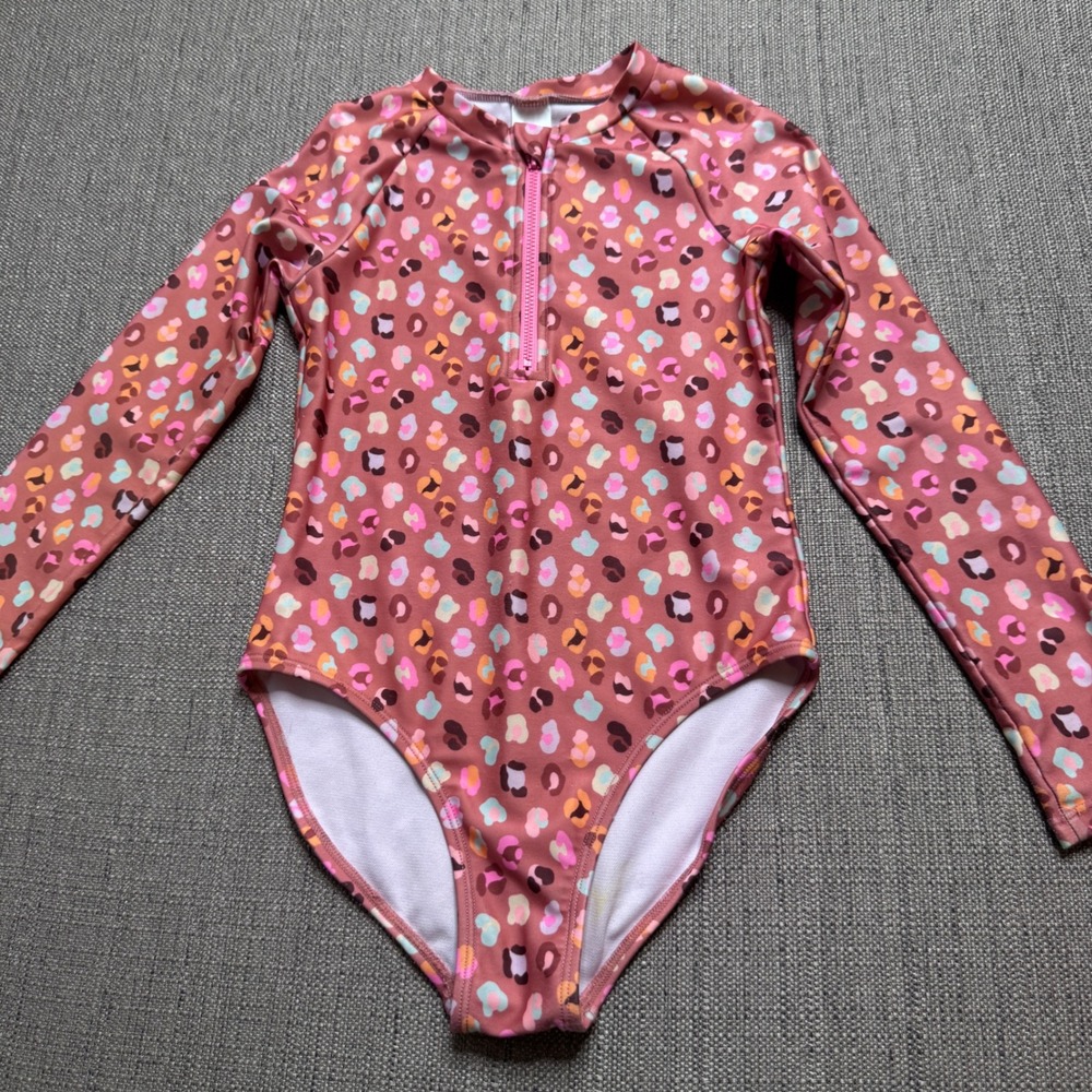 Cat & Jack Girls Pink Leopard Print Long Sleeve Rash Guard Swimsuit Size S 6/7
